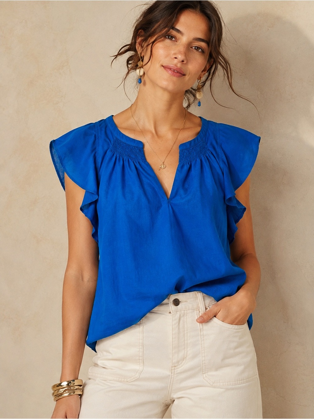 Anthropologie HD in Paris Ruffle Blue Split Neck Casual Workwear Flutter Top